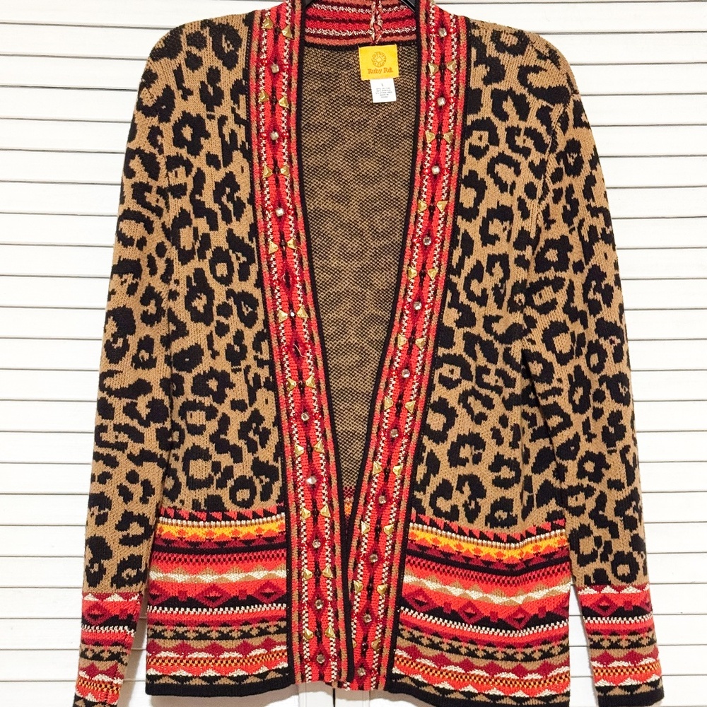 Ruby Rd Animal Print Leopard Cardigan Sweater- Large